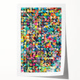 Abstract wall art print showcasing vibrant splatter designs in shades of blue, orange, and yellow, perfect for modern home decor.
