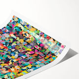 Vibrant abstract splatter design wall art print showcasing a colorful blend of blue, pink, and yellow hues, perfect for modern home decor.