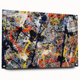 Abstract wall art featuring colorful splatter designs on acrylic glass, showcased from a side view with visible mounting pins for easy display.