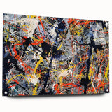 Abstract wall art featuring colorful splatter designs on acrylic glass, showcased from a side view with visible mounting pins for easy display.