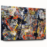 Abstract splatter wall art collection displayed in a sleek acrylic glass frame, showcasing vibrant colors and dynamic patterns from a side view.