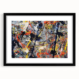 Framed abstract wall art showcasing colorful splatter designs on a white mat, set in a sleek black frame, ideal for modern decor.