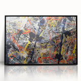 Framed abstract wall art in black acrylic showcasing colorful splatter designs, adding a modern touch to home decor.