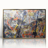 Framed abstract wall art featuring vibrant gold and colorful splatters on a textured acrylic surface, ideal for modern decor.