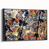 Framed abstract wall art featuring colorful splatters and bold patterns on a black canvas, showcasing a modern artistic design ideal for contemporary decor.