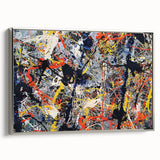 Framed abstract splatters wall art in silver, showcasing vibrant colors and dynamic patterns, ideal for modern home decor accents.
