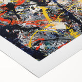 Abstract wall art design featuring colorful splatters and brush strokes on rolled canvas, perfect for modern home decor or artistic framing.