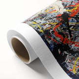 Colorful abstract splatters design on rolled canvas, showcasing vibrant hues and dynamic patterns, ideal for modern wall decor in any setting.