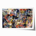 Abstract wall art with colorful splatters and dynamic patterns on a rolled canvas print, perfect for modern home decor or gallery displays.