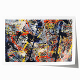 Abstract wall art with colorful splatters and dynamic patterns on a rolled canvas print, perfect for modern home decor or gallery displays.