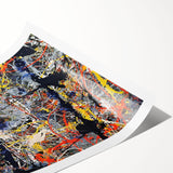 Colorful abstract splatter wall art print showcasing vibrant hues of blue, orange, and yellow, perfect for modern decor.