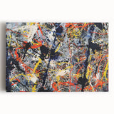 Vibrant abstract splatter design on stretched canvas wall art, showcasing bold colors and dynamic shapes, perfect for modern decor.