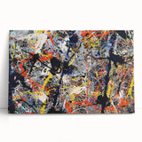 Vibrant abstract splatters design wall art on stretched canvas, showcasing a colorful palette of blues, yellows, and reds, ideal for modern decor.