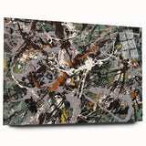 Colorful abstract splatter wall art design featuring vibrant hues of blue, orange, and yellow on acrylic glass, showcasing a modern aesthetic.