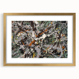 Framed abstract wall art showcasing colorful splatter designs with a gold mat and sleek frame, perfect for modern home decor.