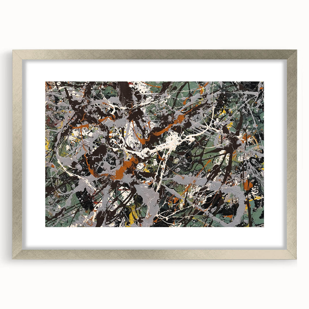 Framed abstract splatter wall art in a sleek silver frame, showcasing vibrant colors and dynamic patterns, perfect for modern decor.