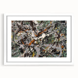 Abstract splatter wall art design in a sleek white frame, showcasing vibrant colors and dynamic patterns, perfect for modern decor.