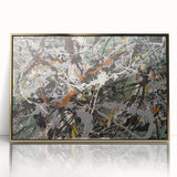 Framed abstract wall art with vibrant gold acrylic splatters, showcasing a modern design perfect for contemporary home decor.