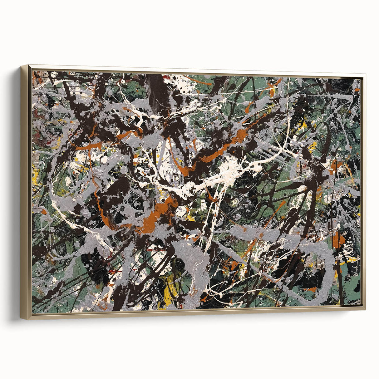 Framed abstract wall art featuring vibrant gold splatter designs on a deep blue canvas, showcasing a modern artistic style perfect for contemporary decor.