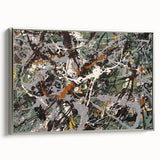 Framed abstract splatter wall art design showcasing vibrant colors and dynamic patterns, set in a sleek silver frame, ideal for modern decor.