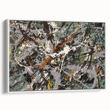 Framed abstract wall art featuring colorful splatter designs on canvas, showcasing vibrant hues and a sleek white frame, perfect for modern decor.