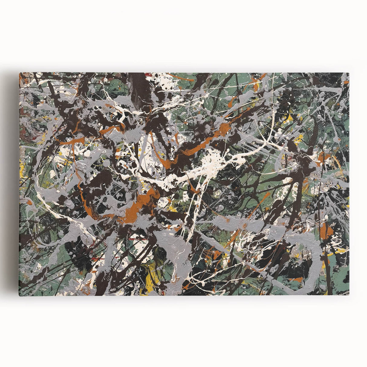 Colorful abstract splatter wall art on stretched canvas, showcasing vibrant hues of blue, yellow, and red, perfect for modern home decor.