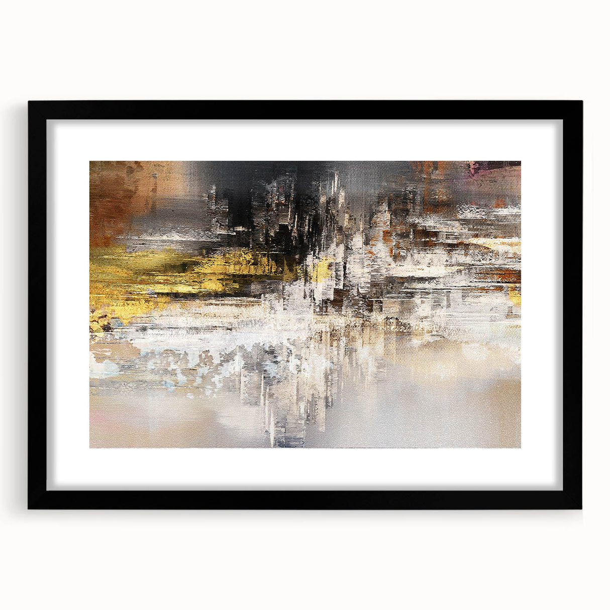 Abstract splatters wall art print in a black frame, showcasing vibrant colors and dynamic shapes, perfect for modern home decor.