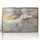 Framed abstract wall art featuring vibrant splatters in gold and black, showcasing a contemporary design ideal for modern home decor.