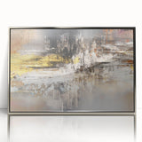 Framed abstract wall art featuring colorful splatter designs in shades of blue, pink, and gold, presented in a sleek silver frame.