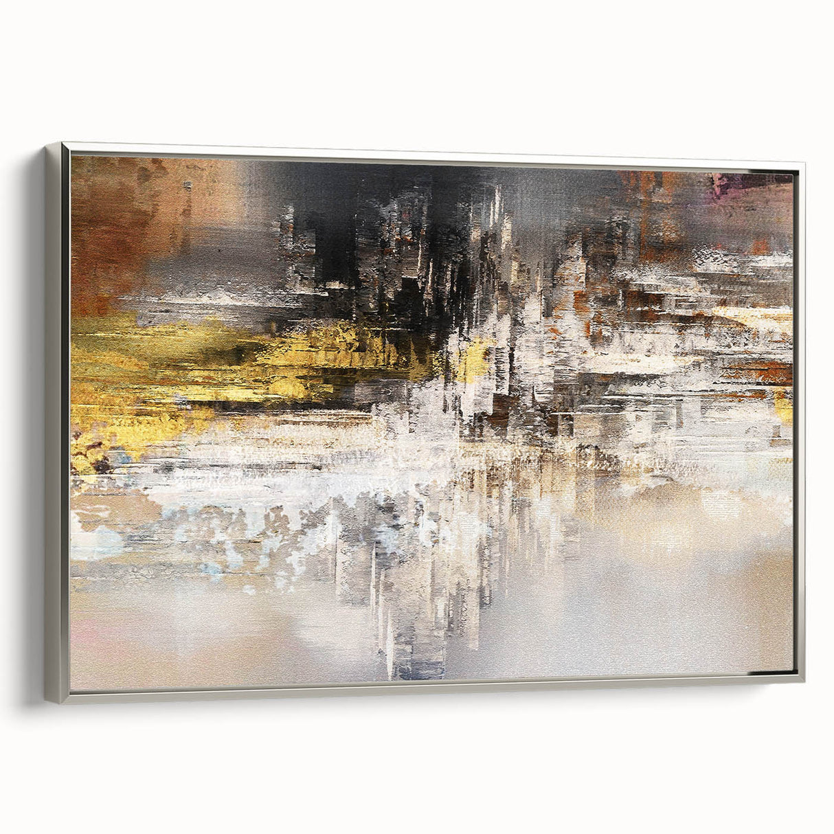 Abstract splatter wall art design showcasing vibrant colors in a framed canvas with a sleek silver frame, perfect for modern decor.