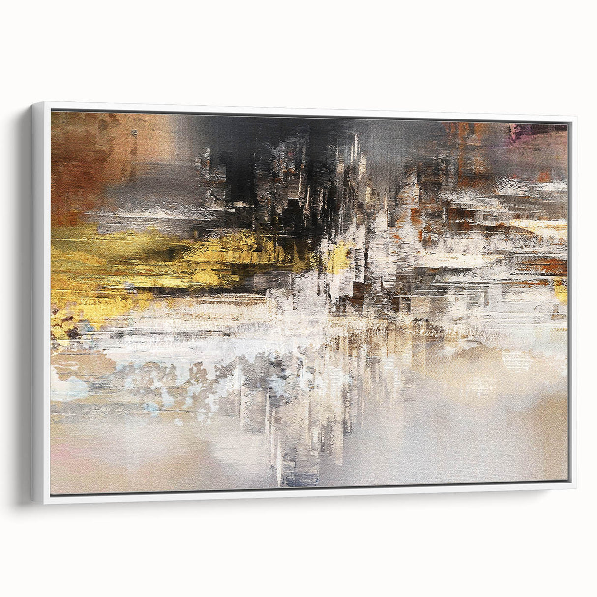 Framed wall art featuring an abstract splatter design in vibrant colors, displayed from a side view against a white background, ideal for modern decor.