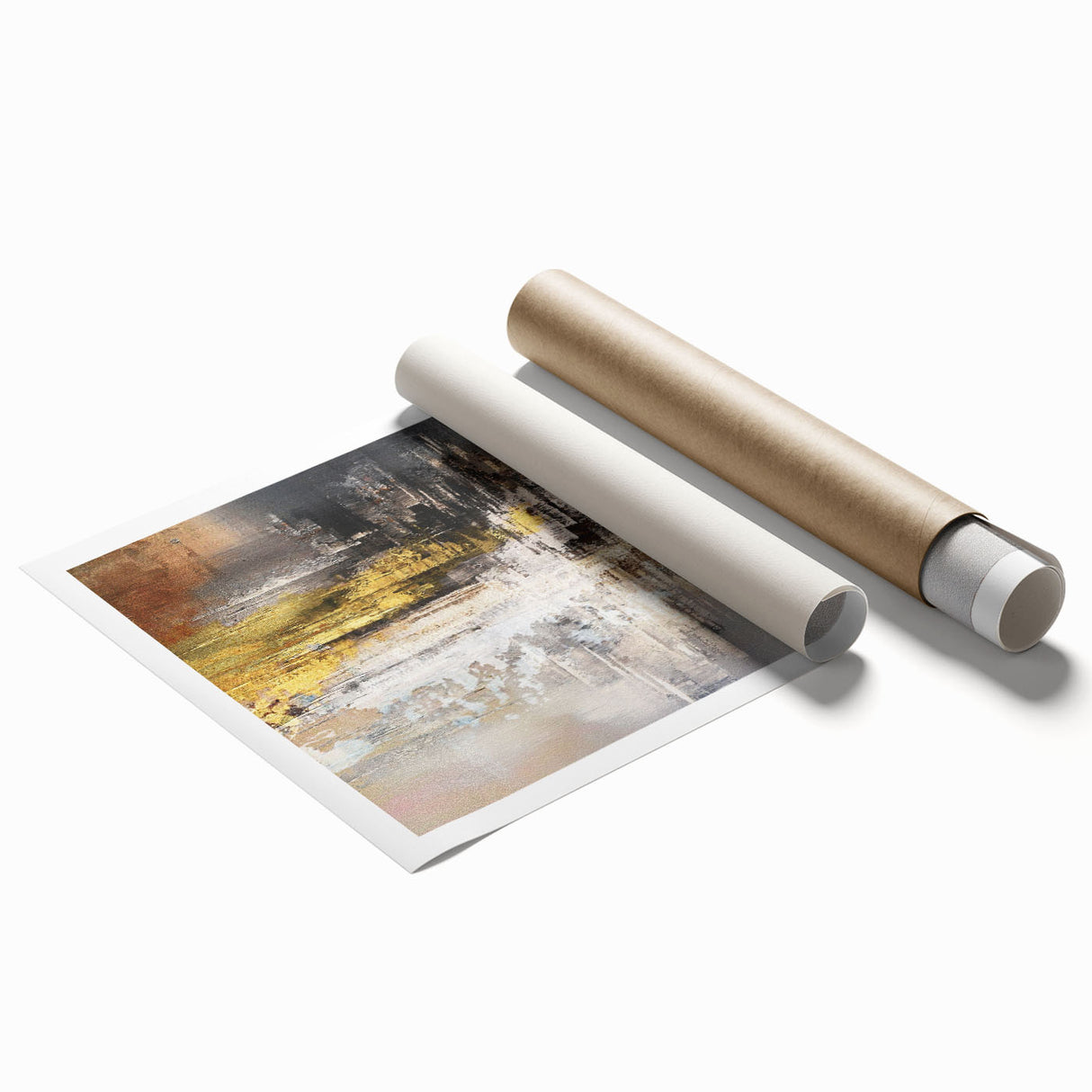 Abstract splatter design wall art print showcasing vibrant colors and dynamic shapes on a rolled canvas, ideal for modern decor.