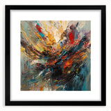 Abstract wall art featuring colorful splatters and shapes in a black frame, complementing modern decor with vibrant, artistic flair.