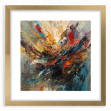 Framed abstract splatter wall art in gold, showcasing vibrant colors and dynamic patterns, perfect for modern home decor.