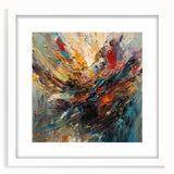 Abstract splatter design wall art in a white frame, showcasing vibrant colors and unique textures, ideal for modern home decor.
