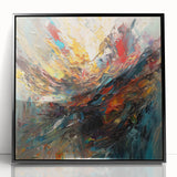 Framed abstract wall art featuring vibrant splatter designs in shades of blue, yellow, and black, displayed with a sleek black frame.