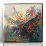 Framed wall art featuring an abstract splatter design in vibrant colors with a sleek gold frame, perfect for modern home decor.