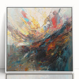 Framed abstract wall art featuring colorful splatter designs on acrylic, showcasing vibrant hues of blue, red, and yellow in a modern white frame.