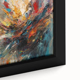Abstract splatter design wall art in vibrant colors, showcasing dynamic brush strokes and textures, elegantly framed for modern decor.
