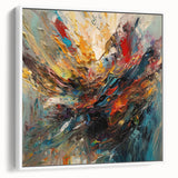 Framed wall art featuring an abstract splatter design in vibrant colors, displayed in a sleek white frame, ideal for modern decor.