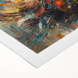 Abstract rolled canvas art print showcasing vibrant splatter designs in shades of blue, orange, and yellow, perfect for modern decor.