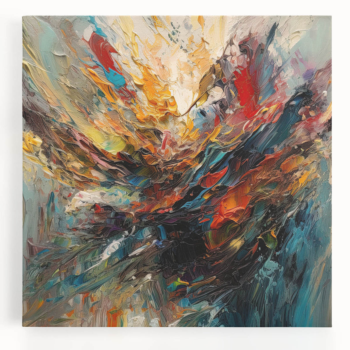 Vibrant abstract splatter design on stretched canvas wall art, showcasing bold colors and dynamic shapes, perfect for modern decor.