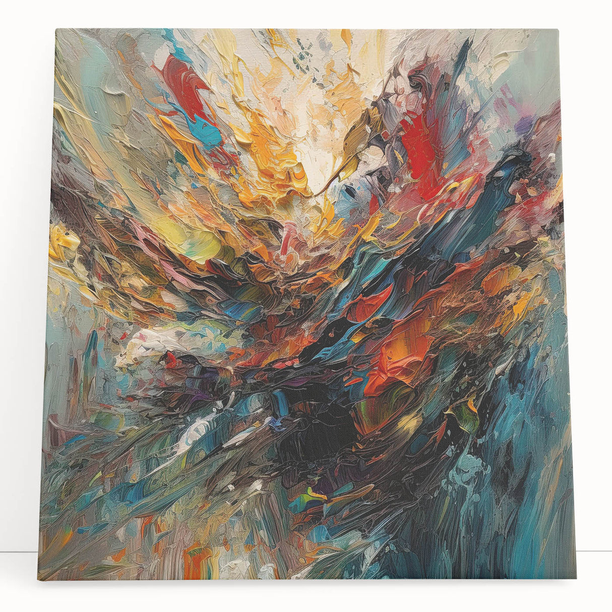 Vibrant abstract splatters design on stretched canvas wall art, showcasing a colorful blend of blues, yellows, and reds ideal for modern decor.