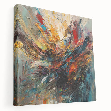 Colorful abstract splatters wall art on stretched canvas, showcasing vibrant hues and dynamic patterns, perfect for modern home decor.