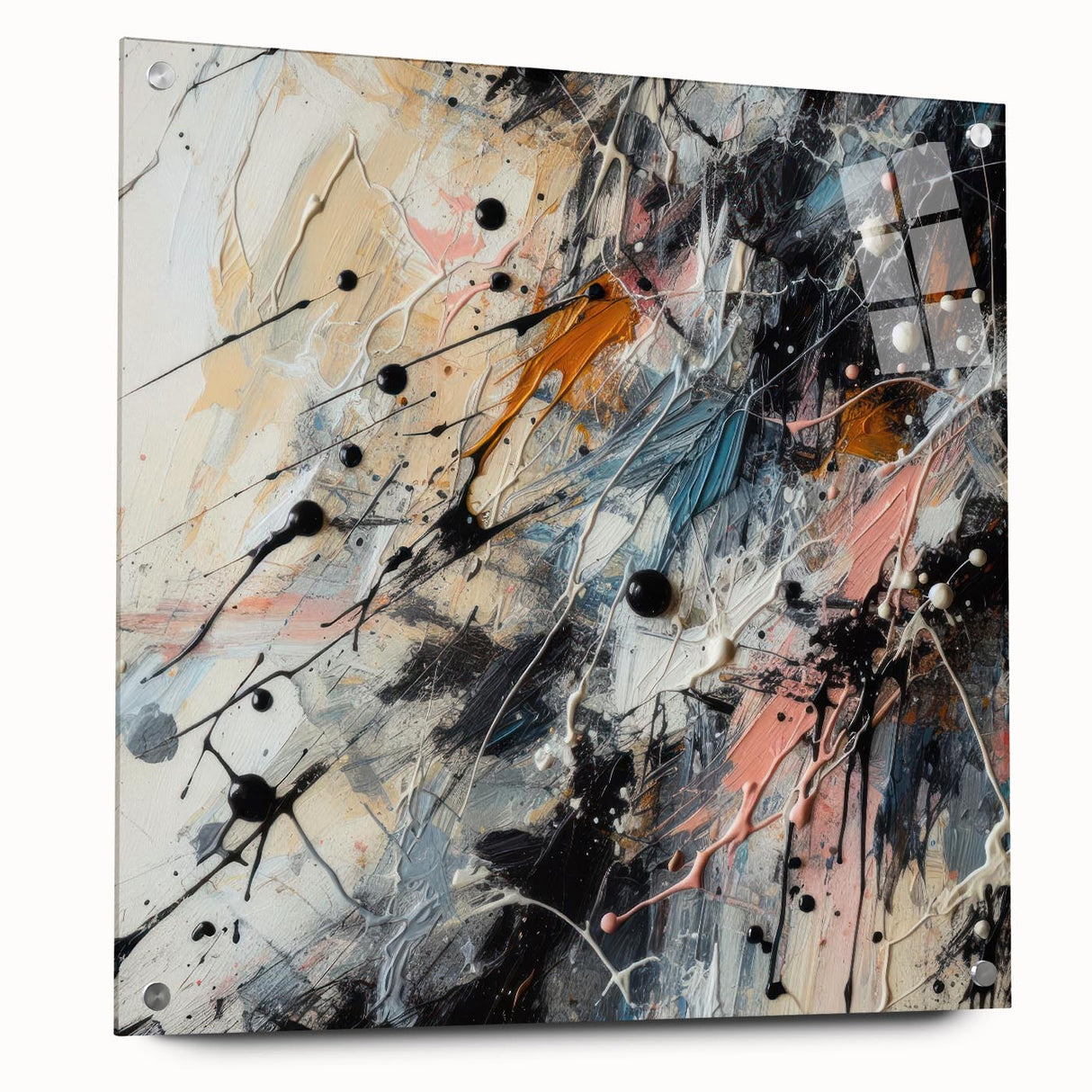 Abstract wall art design featuring vibrant splatters in blue, orange, and yellow hues on acrylic glass, displayed with decorative pins.