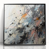 Framed abstract wall art featuring vibrant splatter designs in bold colors, set against a sleek black frame, perfect for modern decor.