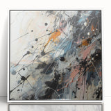 Framed abstract wall art showcasing vibrant splatter designs in a modern acrylic finish, set against a sleek white frame for contemporary decor.