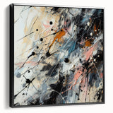 Framed abstract wall art featuring colorful splatter designs on a black canvas, showcasing a modern aesthetic and bold visual appeal.