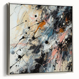 Framed abstract wall art print showcasing vibrant splatter designs in blue, pink, and gold tones, displayed with a sleek silver frame.