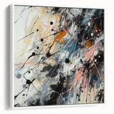 Framed abstract wall art featuring colorful splatter designs on a white canvas, showcasing a modern aesthetic suitable for contemporary decor.
